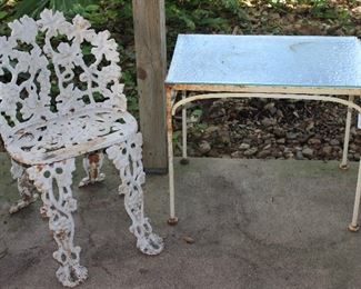 Vintage Cast Iron Grape & vine Design Garden Chair shown with Glass Top Iron Frame Side Table