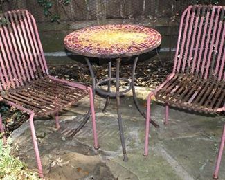 Vintage Red Banded Lawn/Patio Chairs and Tile Top Small Bistro Table