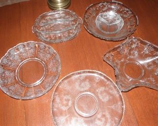 5 piece lot of pretty depression glass serving pieces. Good condition. Minor wear, no chips. Everything pictured for $65.00.
