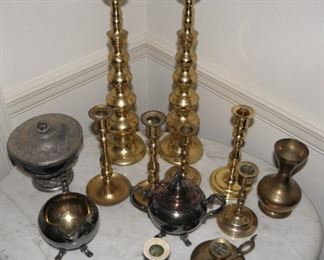 13 piece lot of brass and silver plate decor. Some may have wear, tarnishing and scuffs.  $35.00 for everything pictured.