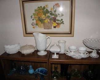 10 pieces of milk glass and one white china covered dish. All milk glass is in good condition. The old covered dish has damage. $45.00 for all white pieces pictured.