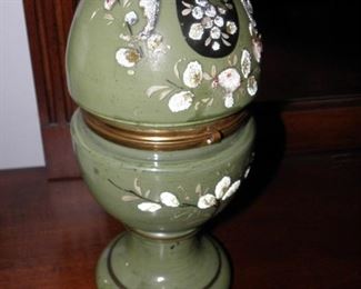Antique Bohemian Czech glass egg decanter. Good used condition. It measures 12 inches tall. Very unusual piece. Not pictured, it opens up to store small liquor bottles. $75.00