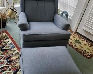Blue upholstered chair with ottoman. $85.00