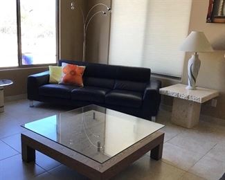 Black Sofa x 2  $115 ea                                                               Coffee Table w Raised Glass $125                                       Stone End Table $59/pr                                                           Table Lamp $36