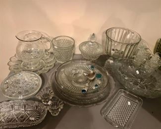 Kitchen Lot #17 Glass items- patters, watering pitcher, bowls etc.  $30.00