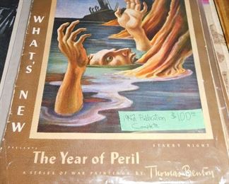 The Year of Peril publication from 1942. Illustrations by Thomas Hart Benton. There are two copies. These are scarce. I could only find one other for sale online, it was priced at $200.  They are both complete with all 6 illustrations.  Backing paper has come loose but otherwise intact. 