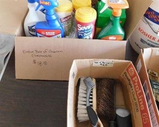  Box of brushes $4                                                                                                Box of garden chemicals (most are full or almost full) $18 SOLD. 