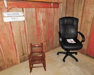 Welcome Y'all sign $5.  Child's painted rocker $12.  Leather office chair $30 SOLD