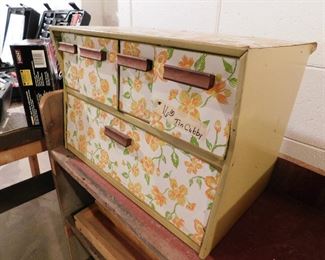 Vintage tin cubby covered with contact paper. I tried the top piece and it will lift right off $16