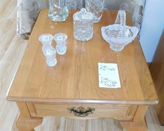 Oak end table $30     Large crystal vases $6 each     Crystal jar with lid $6                 Crystal basket $6                                                            3 crystal toothpick holders $3 each    