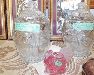 2 vintage Bartlett-Collins Manhattan covered crystal jars $24 each            Moser turkey toothpick holder $8
