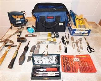  Xacto knife set in case $10. Craftsman bit set in orange case (complete) $5.    Hammers $2 each            Bit screwdriver $3    Box cutters $1 each.   2 drill punches $1      Pliers $1    Tape measure $3   Knife $2    2 yellow screwdrivers $1           4 open end wrenches $4    Older band saw $5              Caulking gun and 2 tubes of concrete repair $5.                               