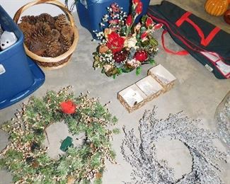 Sparkly wreath $5    Cardinal wreath $5                              Basket of pine cones $5        Tub of bush lights $8    Zippered canvas bag for wrapping paper $5  Christmas arrangement $6                                                                 3 crystal Christmas trees $4 each