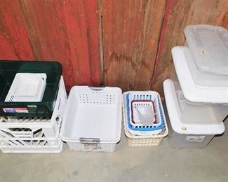 White crate $2     Green dishpan with plastic bins $4          2 Sterilite dishpans/totes $4    Stack of plastic bins $4    Clear plastic tub$2        2 tubs with white lids $3 each                           