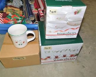 Pfaltzgraff Winterberry:   Box  of 4 bowls $18                      Box of 4 goblets $22     Box of 4 cups $10