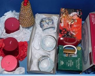 Tub of Christmas candles, Thomas Kincade mug, Mikasa bowl, serving plate, etc. $12