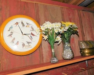 Bird clock $10     Small vase of flowers $2                                 Large vase of flowers $3                                                                       Brass planter with spanish moss $4