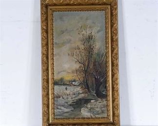 Snowy Farmhouse & Frozen Creek Landscape 