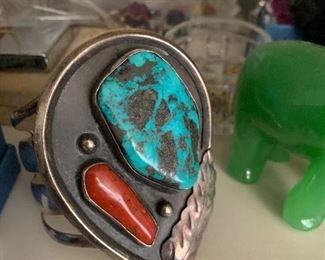 $199 Large Sterling Silver Turquoise and Coral Cuff