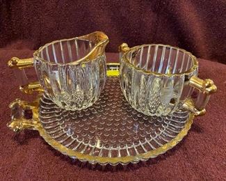 Vintage Hobnail Serving Plate Sugar & Creamer with Gold Overlay $36