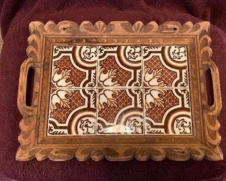Hand Carved Wood Tray with Inlaid Tile $34