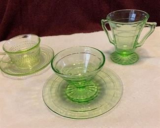 Depression Glass Green Tea/Coffee Cup & Saucer $25 Set, Dessert Dish & Cup $25 Set, Sugar Bowl $12