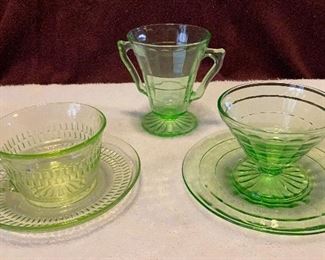 Depression Glass Green Tea/Coffee Cup & Saucer $25 Set, Dessert Dish & Cup $25 Set, Sugar Bowl $12