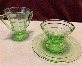 Depression Glass Green Dessert Dish & Cup $25 Set, Sugar Bowl $12