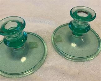 Pair Vintage Pressed Green Vaseline Glass Candlesticks Candle Holder $30