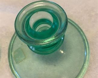 Pair Vintage Pressed Green Vaseline Glass Candlesticks Candle Holder $30