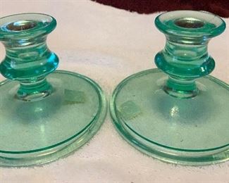 Pair Vintage Pressed Green Vaseline Glass Candlesticks Candle Holder $30