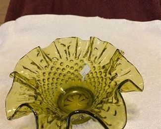 Vintage Indiana Glass Ruffled Top Edge Hobnail Olive Green $22