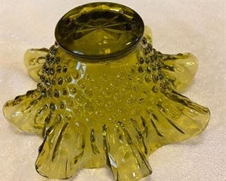 Vintage Indiana Glass Ruffled Top Edge Hobnail Olive Green $22