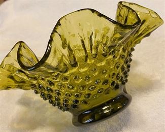 Vintage Indiana Glass Ruffled Top Edge Hobnail Olive Green $22