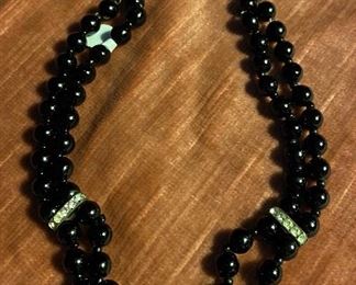 Costume Jewelry Black Onyxlike Beads Choker Style with Three Rhinestone Accents Necklace $14