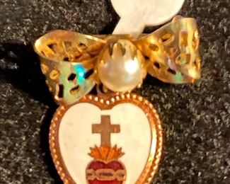 Costume Jewelry Sacred Heart Pin with Bow and Faux Pearl $12