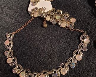Costume Jewelry Vintage Aurora Broiales Rhinestone & Mother of Pearl Necklace, Bracelet & Clip On Earrings Set $30