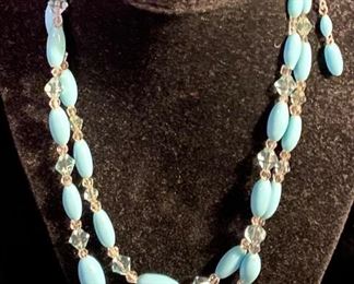 Costume Jewelry Blue Glass Beads with Accent Crystal Beads Necklace $16