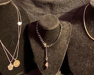 Assortment of Costume Jewelry Various Prices, Black Chain with Drop Down Link & Crystal & Black Bead $6, Serpentine Style $8, Religious Medal Necklace Round $12, Hexagon Style Shape $4
