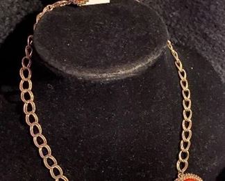 Costume Jewelry Coral Colored Crystlike Rock Pieces Necklace with Earrings $14