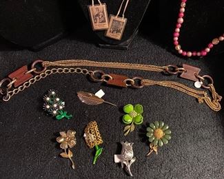 Assortment of Costume Various Prices, Chain Belt with Wooden Accents $4, Religious Scapula Necklace $4