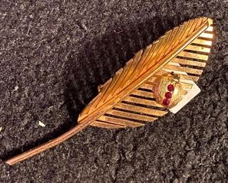 Costume Jewelry Leaf Broach with Ruby Lady Bug $16