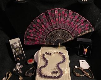 Stauer Amethyst Beaded Necklace & Pierced Earrings with Travel Case $28, Red Sequinced/Black Background Embroidered Hand Held Fan $20, Assorted Ladies Watches