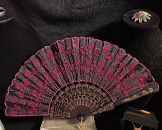 Red Sequinced/Black Background Embroidered Hand Held Fan $20, Costume Jewelry Floral Multi Colored Beads Broach $6