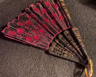 Red Sequinced/Black Background Embroidered Hand Held Fan $20