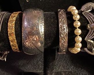Assortment of Costume Jewelry Various Prices, Bangle Bracelets (5) $8, Gold Nugget Style Bracelet $16, Bracelet $4, Clamp Bracelet with Secure Chain Raised Design Modern Bracelet $40, Twisted Rope Single Bracelet $6, Faux Pearl Bracelet $2