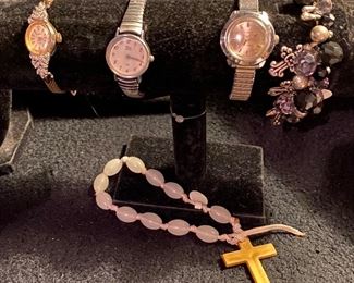 Assortment of Costume Jewelry Various Prices, Timex Watch (As Is) $10, Timex Watch (2nd As Is), $10, Beaded Bracelet with Cross Charms $6, Rosary Bracelet White Beads $6 (Sold), Waltham Ladies Watch (As Is) $30