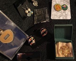 Assortment of Costume Jewelry Various Prices, Digital Necklace Watch $6, Vintage Girl Scout Pin in Box $6, Clip On Christmas Holly/Bells Earrings $12, Multi Color Synthetic Stones Clip On Earrings $12, Pair of Religious Tie Tack Pins Guardian Angel/Rose with Mini Cross $4, Pierced Earrings Crystal with Black Faux Pearl $6, Pierced Earrings Crystal with Faux White Pearl $4, Money Clip $10