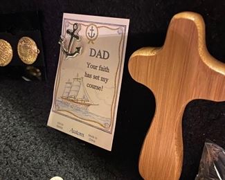 (2) Dad Anchor Tie Tack Pins $2, Hand Crafted Wooden Cross $6 (Sold), Button Style Pierced Earrings $2