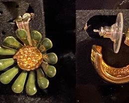 Costume Jewelry Vintage Olive Green Daisies Clip On Earrings Set $4, Gold Electroplated Pierced Earrings with Rhinestones $$6